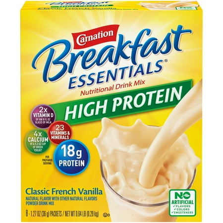Carnation Breakfast Essentials High Protein Powder Nutritional Breakfast Drink Mix, Classic French Vanilla, 8 - 1.27 OZ Packets