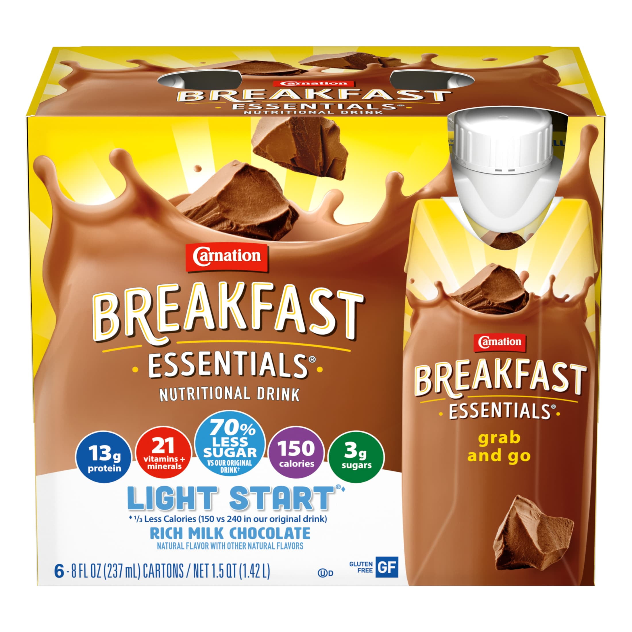 Carnation Breakfast Essentials Light Start Ready to Drink Nutritional Breakfast Drink, Rich Milk Chocolate, 6 - 8 FL OZ Bottles