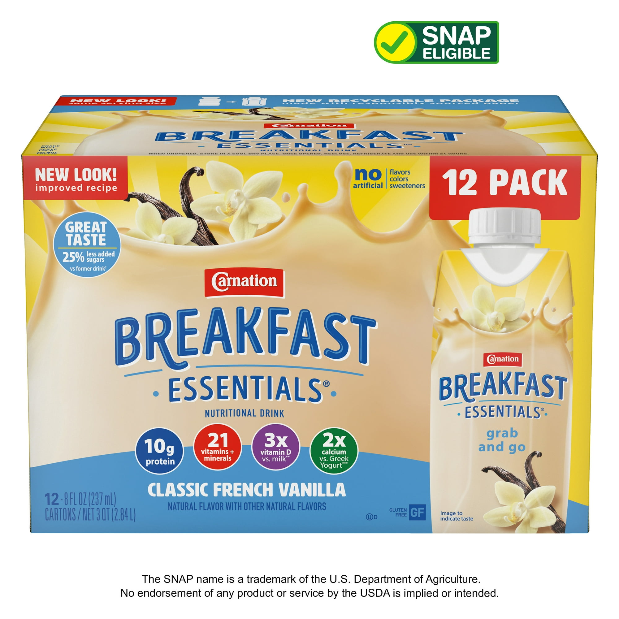 Carnation Breakfast Essentials Nutritional Drink, Classic French Vanilla, 10 g Protein, 12 – 8 fl oz Cartons