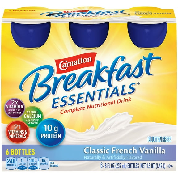 Carnation Breakfast Essentials Nutritional Drink, Classic French Vanilla, 10 g Protein, 6 - 8 fl oz Cartons