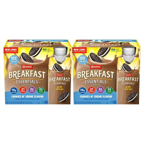 (2 pack) Carnation Breakfast Essentials Nutritional Drink, Cookies n Crème, 10 g Protein, 6 - 8 fl oz Cartons