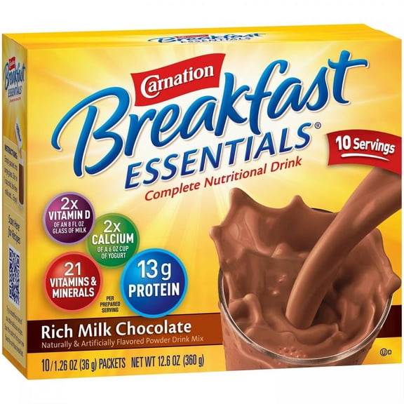 Carnation Breakfast Essentials Nutritional Drink Mix, Rich Milk Chocolate Flavor, 1.26 oz. Serving Size, 220 Calories, 10 Count