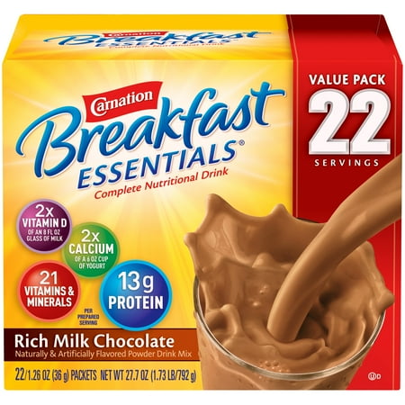 Carnation Breakfast Essentials Nutritional Powder Drink Mix, Rich Milk Chocolate, 22 - 36 g Packets