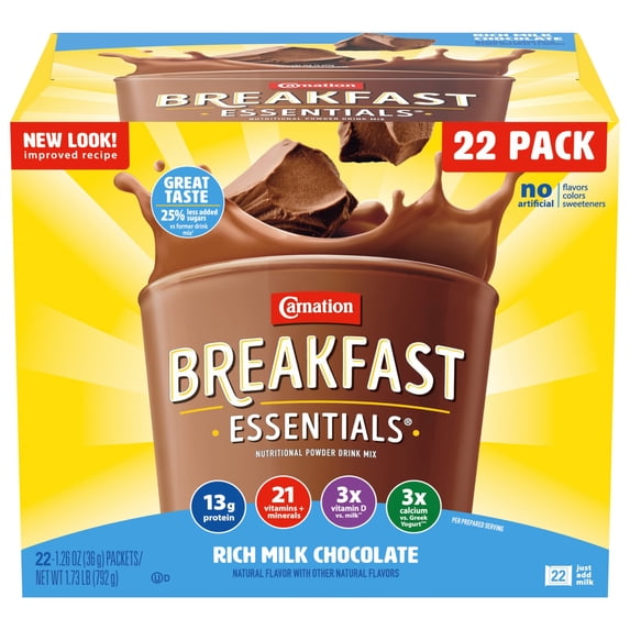 Carnation Breakfast Essentials Powder Protein Nutritional Shake Drink Mix Packets, Rich Milk Chocolate Breakfast Shake, 22 Count
