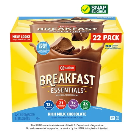 Carnation Breakfast Essentials Nutritional Powder Drink Mix, Rich Milk Chocolate, 22 - 36 g Packets