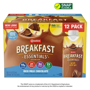 Carnation Breakfast Essentials Nutritional Protein-Packed Drink Shakes, Rich Milk Chocolate, 8 fl oz, 12 Pack