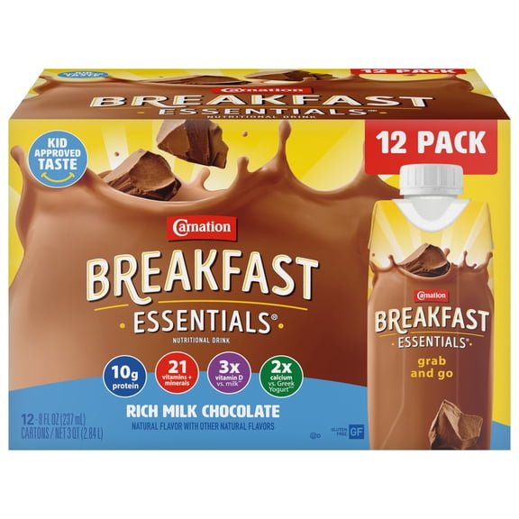Carnation Breakfast Essentials Nutritional Protein-Packed Drink Shakes, Rich Milk Chocolate Breakfast Shakes, 8 fl oz, 12 Pack