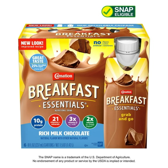 Carnation Breakfast Essentials Nutritional Protein-Packed Drink Shakes, Rich Milk Chocolate Breakfast Shake, 8 fl oz, 6 Pack