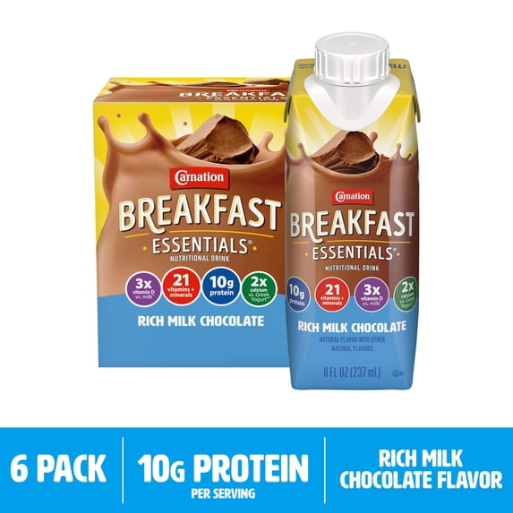Carnation Breakfast Essentials Nutritional Protein-Packed Drink Shakes, Rich Milk Chocolate Breakfast Shake, 8 fl oz, 6 Pack