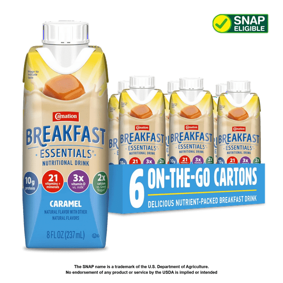 Carnation Breakfast Essentials Original Nutritional Drink, Caramel, 8 FL OZ Carton (6 Pack)