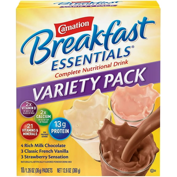 Carnation Breakfast Essentials Powder Drink Mix Flavors Chocolate, Strawberry, Vanilla Variety Pack (Pack of 3)
