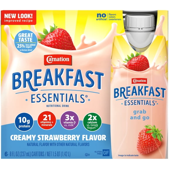 Carnation Breakfast Essentials Nutritional Protein-Packed Drink Shakes, Creamy Strawberry Breakfast Shake, 8 fl oz, 6 Pack