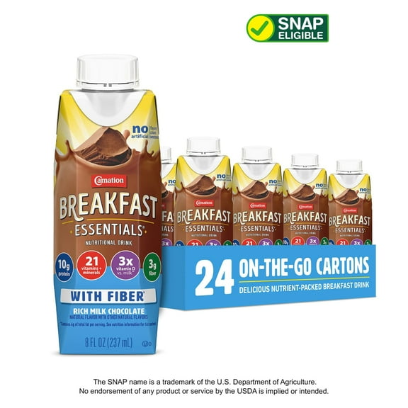 Carnation Breakfast Essentials Ready to Drink Protein with Fiber, Rich Milk Chocolate Breakfast Drink, 8 fl oz Carton (Pack of 24)