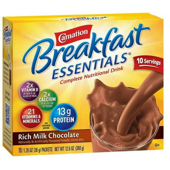 Carnation Breakfast Essentials Rich Milk Chocolate Flavor Powder 36 Gram Container Individual Packet, Nestle Healthcare Nutrition, 11004656 - Box of 10