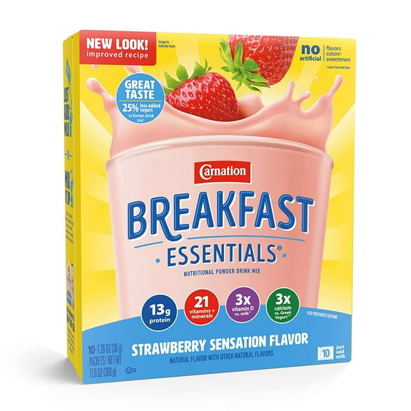 Carnation Breakfast Essentials Strawberry Sensation Flavor 36 Gram Individual Packet Powder, Box of 10 (Pack of 2)
