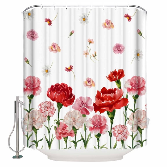 Carnation Flower Bathroom Shower Curtains with 12 Hooks Polyester Waterproof Shower Curtain for Stalls and Bathtubs Mother's Day Colorful Floral Daisy Decorative Bathroom Privacy Curtain 36x72 Inches