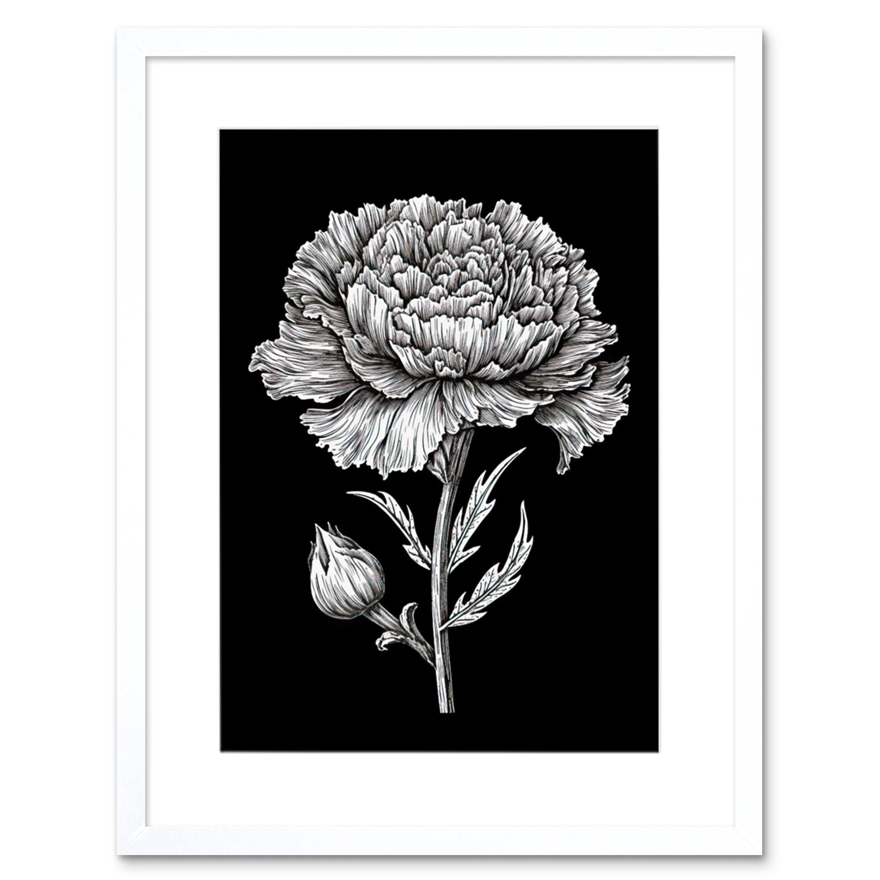 Carnation Flower Black and White Linocut Print Artwork Framed Wall Art  Print 9X7 Inch, image size:1800x1800