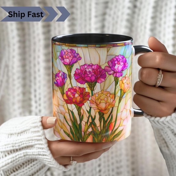Carnation Flower Stained Glass Style Mug: Botanical Tea Cup, January Birth Flower Gift