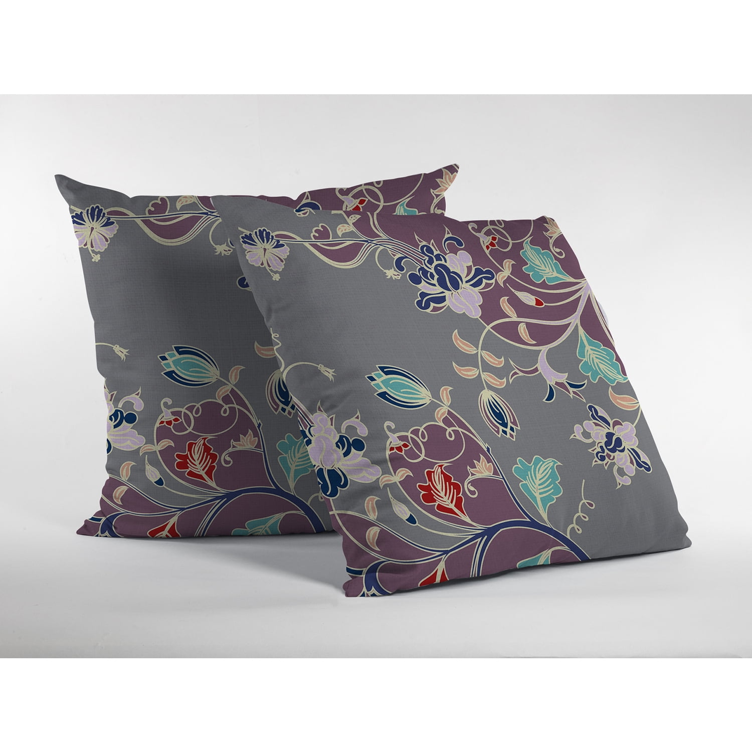 Carnation Garden Indoor/Outdoor Fabric Pillow in Purple on Gray 18x18 ...
