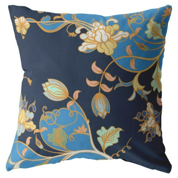 Carnation Garden Throw Pillow with Removable Cover in Light Blue on Navy 16x16