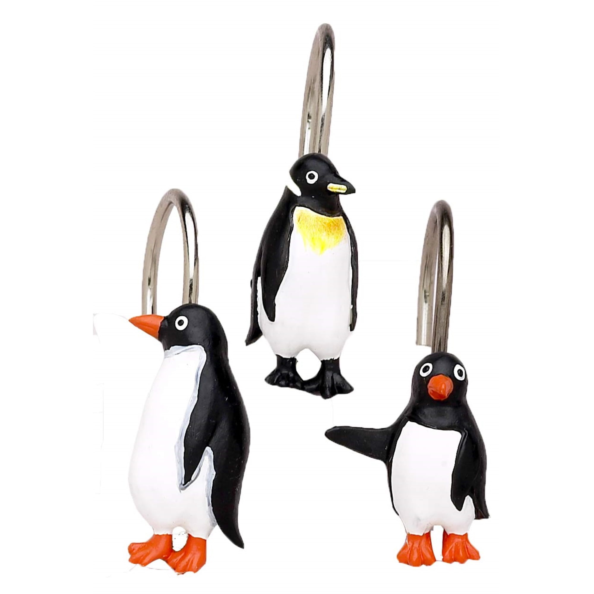 Hand-Painted Multicolor Resin Penguin Shower Curtain Hooks, Set of 12