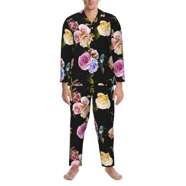 Carnation Hummingbird Black Mens Pajamas Set, Long Sleeve Button Down