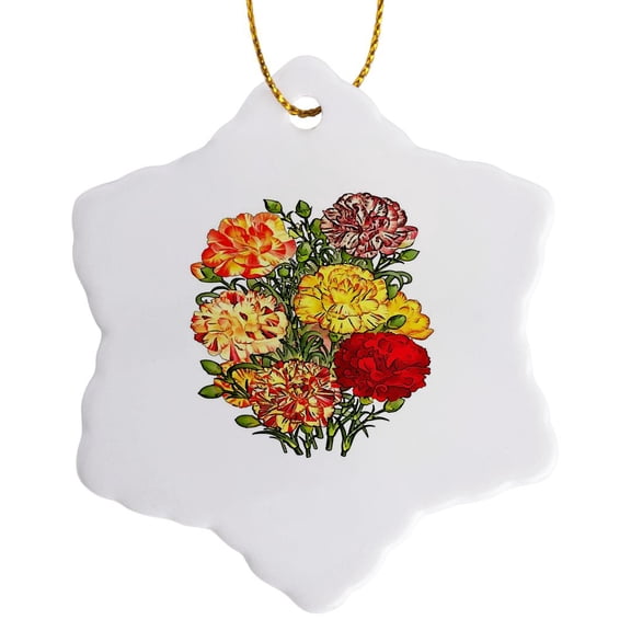3drose, Carnations Artistic Floral Bouquet Black Outline Cut Out, 3 inch Snowflake Porcelain Ornament