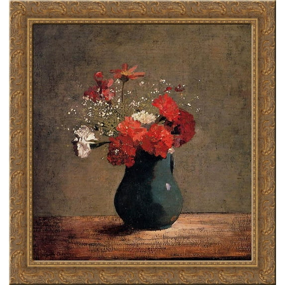 Carnations and baby's breath in a green pitcher 20x20 Gold Ornate Wood Framed Canvas Art by Redon, Odilon