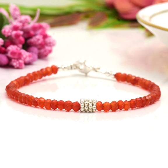 Carnelian 3.5mm Round Shape Faceted Cut Beads 7 inch adjustable Silver Plated Clasp Bracelet for men, women, unisex. Link Chain Stacking Bracelet.|LINK_01830