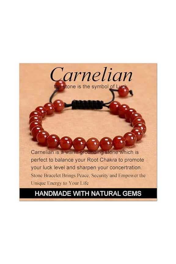 Carnelian Beads - Stone of Luck - Handmade Yoga Natural Stone Crystal Healing Power Energy Gifts for Unisex Adult Bracelet Macrame Adjustable 8mm