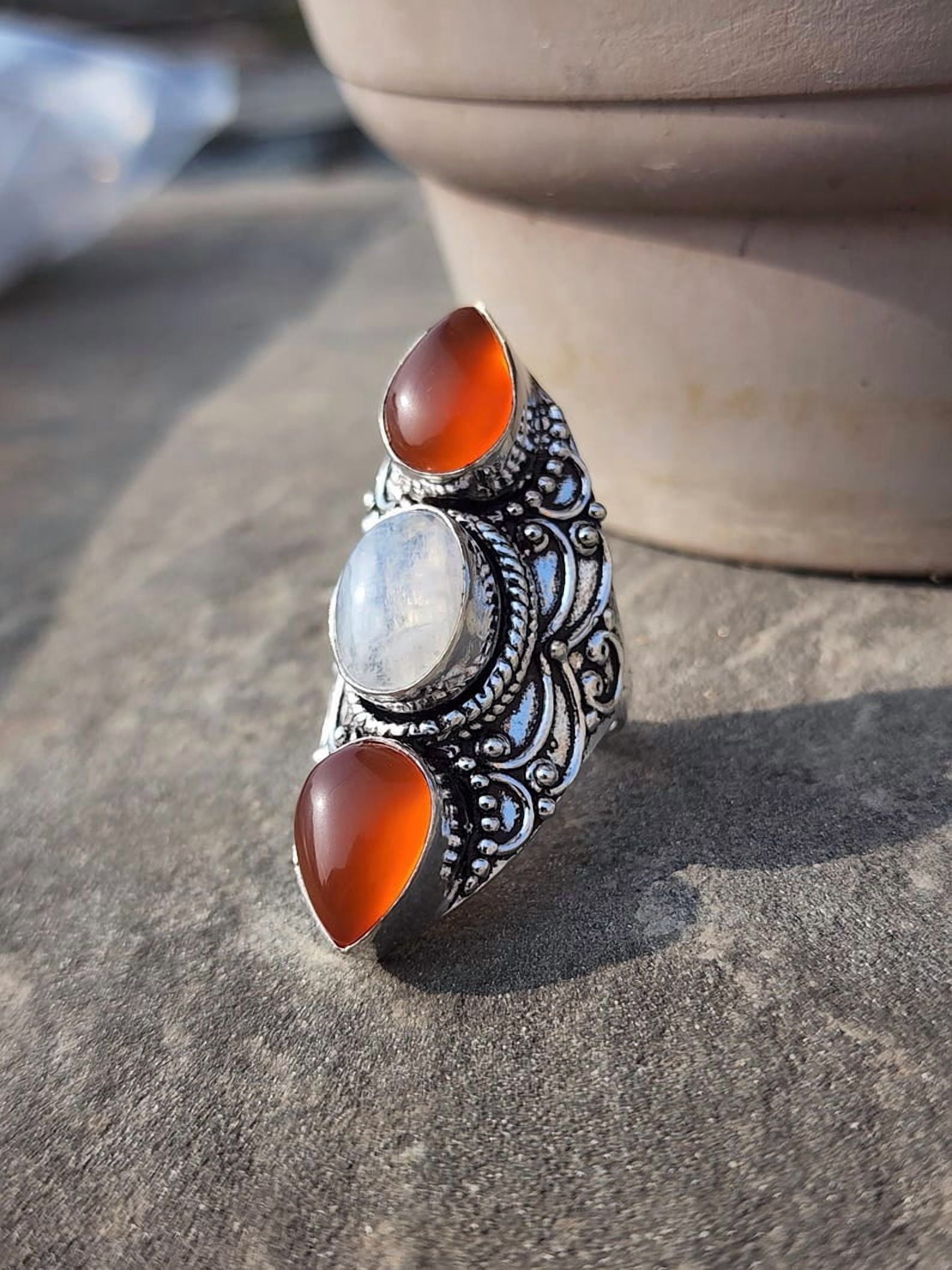 Carnelian Moonstone Ring Sterling Silver Boho Statement Jewelry With ...