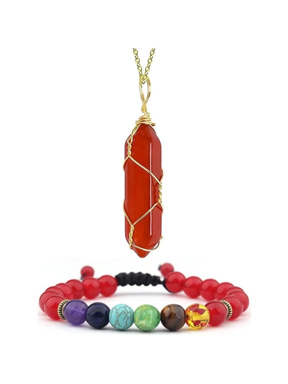 Carnelian Necklace Bracelet Healing Crystal Necklace Wire Wrapped Hexagonal Quartz Point Pendant Necklace Red Agate Beads Bracelet Stretch for Women Natural Gem Energy Jewelry Set 2Pcs