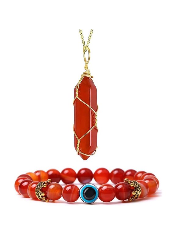 Carnelian Necklace Bracelet Healing Crystal Necklace Wire Wrapped Hexagonal Quartz Point Pendant Necklace Red Agate Beads Bracelet Stretch for Women Natural Gem Energy Jewelry Set 2Pcs