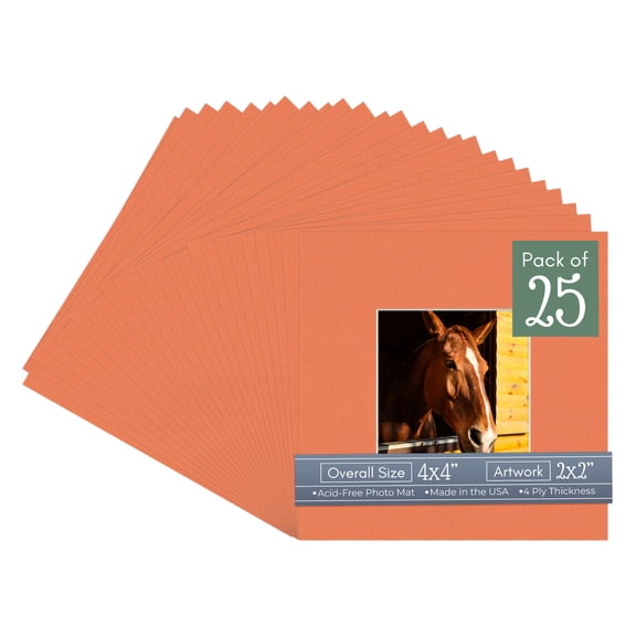 Carnelian Orange Picture Frame Mat for 4x4 Inch Frames - Fits 2x2 Photos - 25 Mats