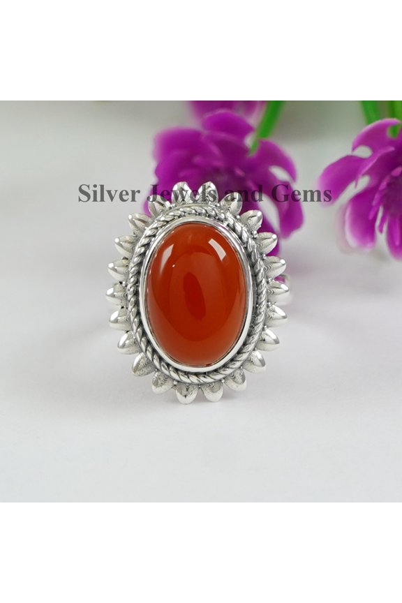 Carnelian Ring, 925 Sterling Silver Ring, Natural Gemstone Ring, Gift for Her, Anniversary Ring, Oval Sun Design Ring, Red Stone Ring