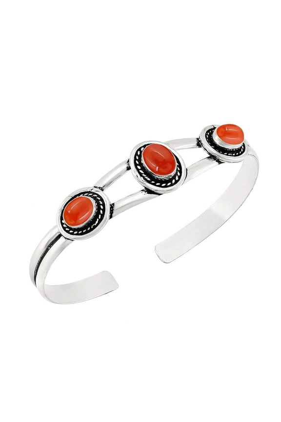 Carnelian Stone 3-Stone Silvertone Cuff Bangle Bracelet