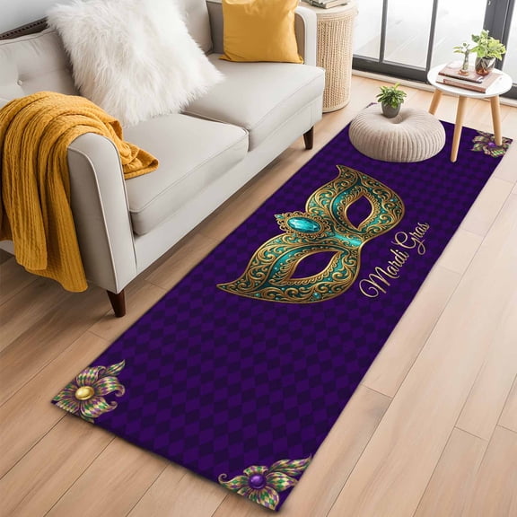 Carnival 2'x6' Runner Rugs for Hallway Kitchen Bedside Non Slip Washable, Modern Chic Mask Flower Purple Plaid Checkered Entryway Rug Runners with Rubber Backing, Long Carpet Runner for Laundry Room