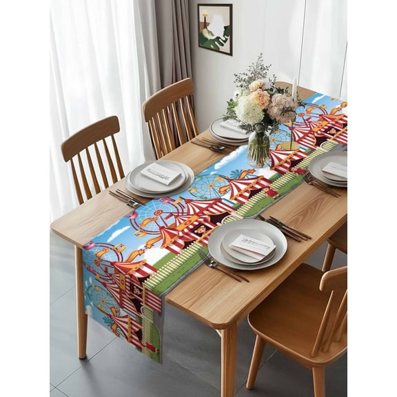 Carnival Amusement Park Table Runner 90 Inches Long, Cartoon Wheelwheels Cute Kid Table Runners Tabletop Scarf Kitchen Dining Tables Decoration for Home Party Indoor Outdoor