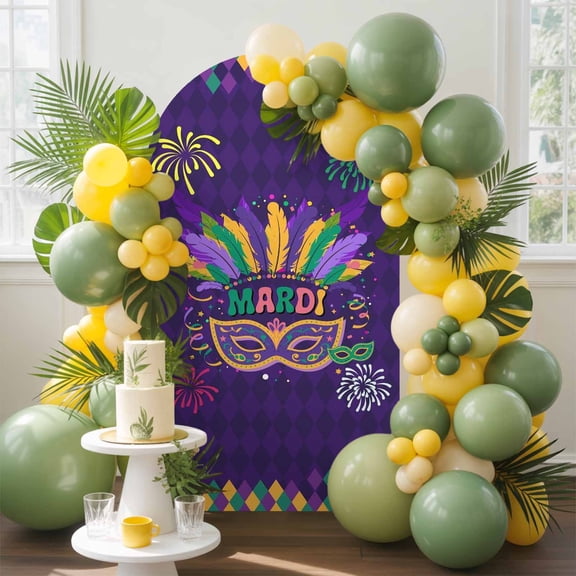 Carnival Arch Backdrop Cover, 6FT, Mask Feathers Firework Purple Yellow Blocks Spandex Arch Covers Double-Sided Backdrop for Wedding Birthday Party Photo Background Decoration