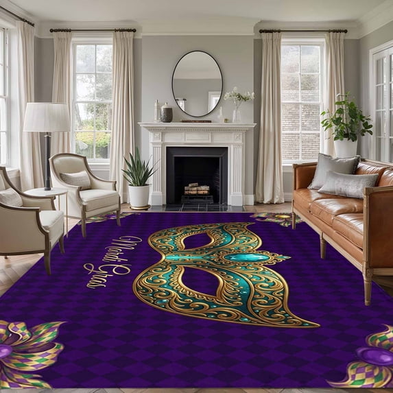 Carnival Area Rugs 6'x9', Washable Small Throw Rugs for Kitchen Dining room, Modern Chic Mask Flower Purple Plaid Checkered Indoor Outdoor Rug Non-Slip Low Pile Carpet Runner Reversible Floor Mats