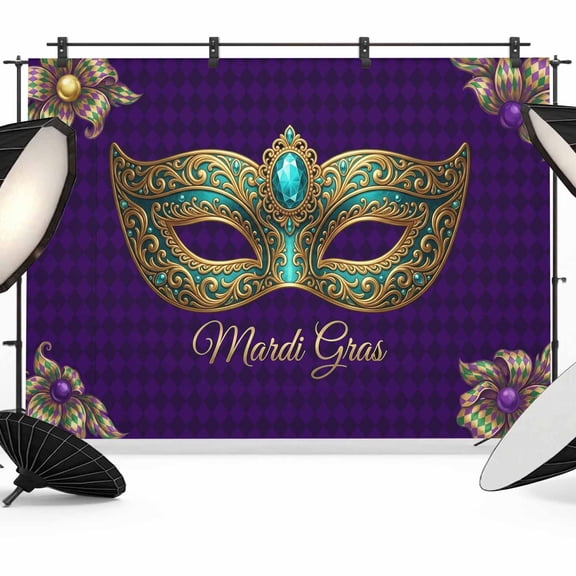 Carnival Backdrop for Photography,Fabric Photo Background Backdrop,Modern Chic Mask Flower Purple Plaid Checkered Photo Booth Background for Portrait Photoshoot Video Wedding Studio Banner 7x5ft