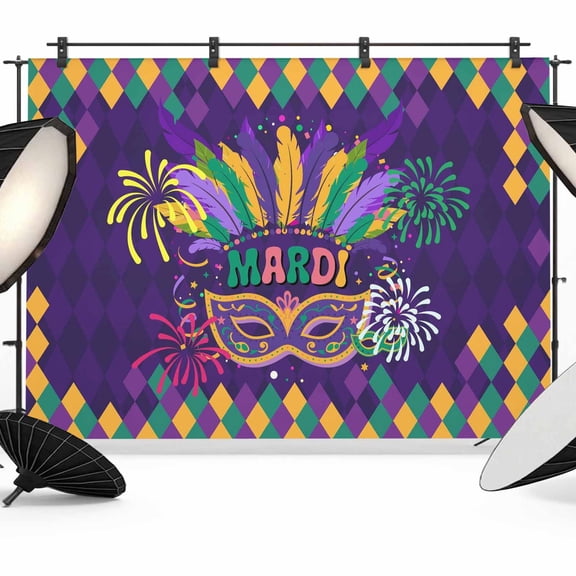 Carnival Backdrop for Photography, Mask Feathers Firework Purple Yellow Blocks Photo Backdrop Portrait Background Party Banner Photo Backgrounds for Studio Booth Props, 7x5ft