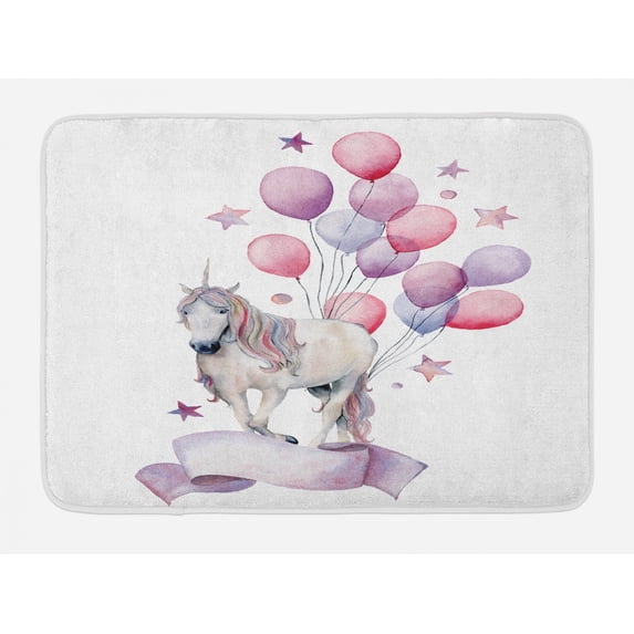 Carnival Bath Mat, Fantasy Theme a Unicorn and Violet Hues Balloons and Stars and Dreamy, Plush Bathroom Decor Mat with Non Slip Backing, 29.5" X 17.5", Multicolor, by Ambesonne