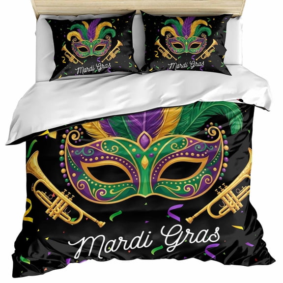 Carnival Bedding 3 Piece Duvet Cover Set Full Size, Chic Purple Green Feathers Mask Ribbons Soft Microfiber Comforter Cover with Zipper Closure & Pillowcases, Wrinkle & FadeResistant Quilt Cover