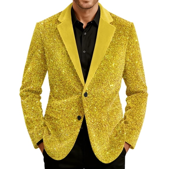 Carnival Blazer for Men Corduroy Sequins Print Holiday Party Jacket Two Button Slim Fit Business Office Blazers with Pockets