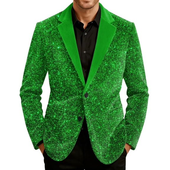 Carnival Blazer for Men Corduroy Sequins Print Holiday Party Jacket Two Button Slim Fit Business Office Blazers with Pockets