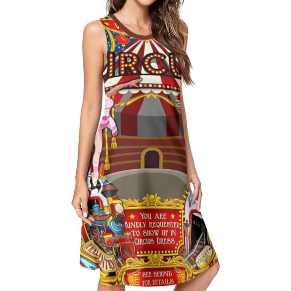Carnival Circus Amusement Family Theme Park Spring Summer Dresses for Women Fashion T-shirt Dress Casual Sleeveless Loose Sundress with Pockets