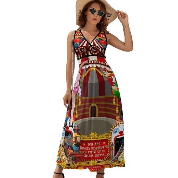 Carnival Circus Amusement Family Theme Park Womens Night Club Maxi Dress V Neck Sleeveless Bohemia Long Dresses