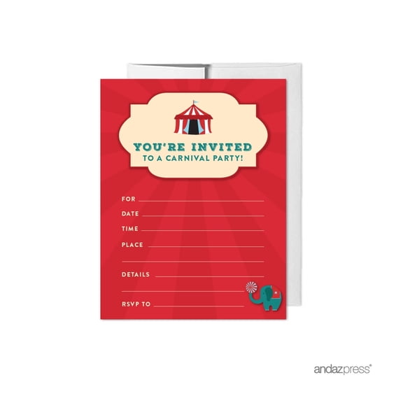 Koyal Wholesale Carnival Circus Birthday Paper Invitations, Blank Cards with Envelopes, 20-Pack