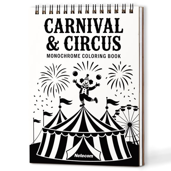 Carnival & Circus Monochrome Coloring Book Spiral Bound for Adults, A5 Wooden Cover, Relaxing One-Color Illustrations with Clowns, Ferris Wheels, Tents, Animals